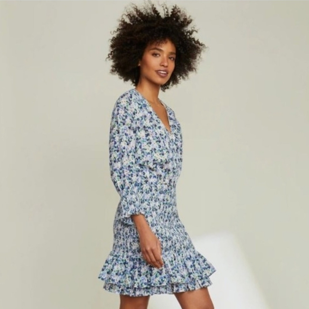 Veronica Beard Darrah Smocked Floral Print Cotton Dress - Picture 1 of 8